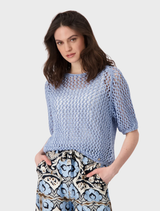 Blue sky boat neck pullover featuring ajour rib texture, perfect for casual or semi-formal wear.