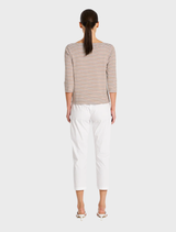 Relaxed fit boat neck top in saddle and white, perfect for a laid-back, stylish look.