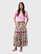 This Jaffna Skirt has a gathered tiered silhouette in bone multi, featuring contrast panels and an elastic waistband for comfort.