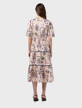 Midi dress in bone multi with gathered tiers, flat front panel, contrast piping, and an elasticated back for comfort.