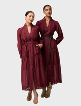 Bordeaux Cascadian Cotton Silk Lace Maxi Dress, showcasing a graceful design with lace accents and a long, flowing fit.