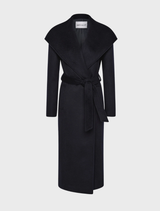 Navy Bower Coat displayed on a hanger, featuring a sleek design and tailored fit for a sophisticated look.