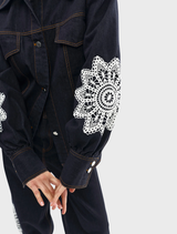 Indigo denim jacket with lace plaid accents, embodying a trendy Bowie style for a fashionable look.