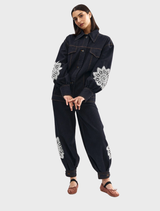 Indigo denim Bowie jacket featuring a lace plaid design, showcasing a stylish and modern aesthetic.
