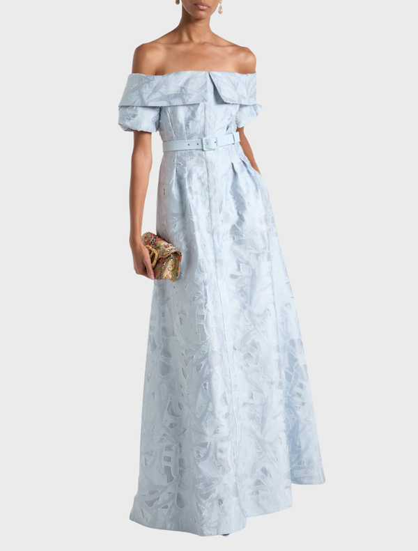 Sophisticated blue brocade gown by Bridal Anneli, made from a comfortable cotton-blend fabric for bridal elegance.