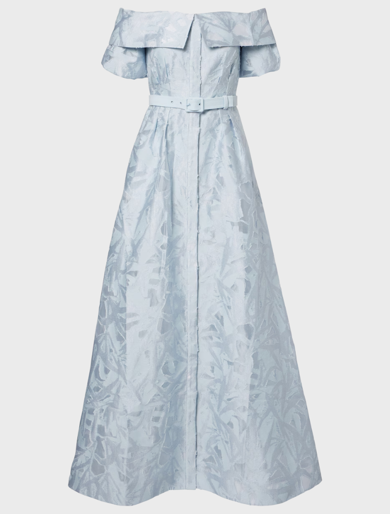 Blue cotton-blend brocade gown by Bridal Anneli, featuring elegant design and sophisticated silhouette.