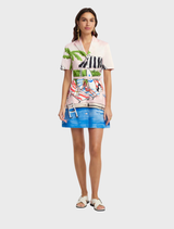 Brigitte Mini Dress adorned with a colorful Riviera print, perfect for a chic and trendy summer look.
