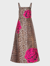 Stylish pleated dress with leopard floral design, boned sides, removable straps, and convenient side pockets.