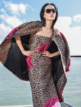 Elegant pleated dress in leopard floral print, featuring boned sides, removable straps, and practical side pockets.