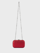 A red Brooks Hotfix clutch bag with a chain strap, elegantly designed for stylish occasions.