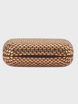 Elegant metallic clutch with a unique woven design, ideal for adding a touch of sophistication to any outfit.