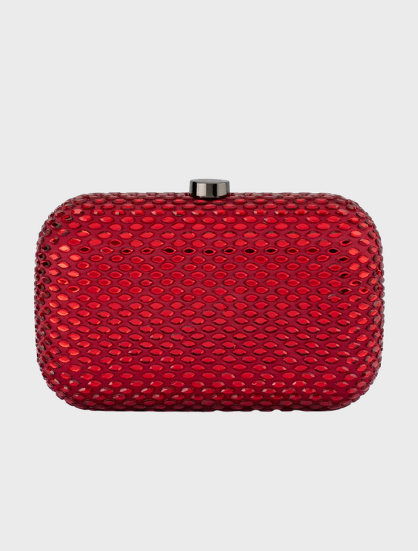 Red mesh-patterned Brooks Hotfix Clutch in burgundy, showcasing a stylish and modern design.