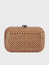 Metallic clutch bag featuring a stylish woven pattern, perfect for adding elegance to any outfit.
