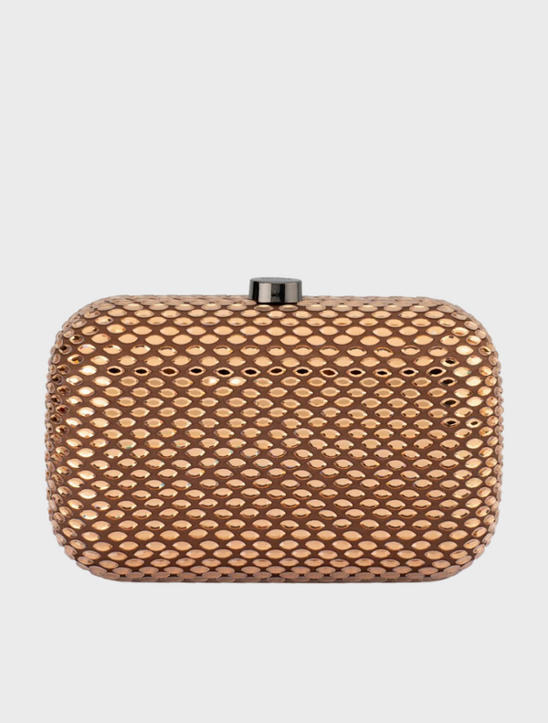Metallic clutch bag featuring a stylish woven pattern, perfect for adding elegance to any outfit.
