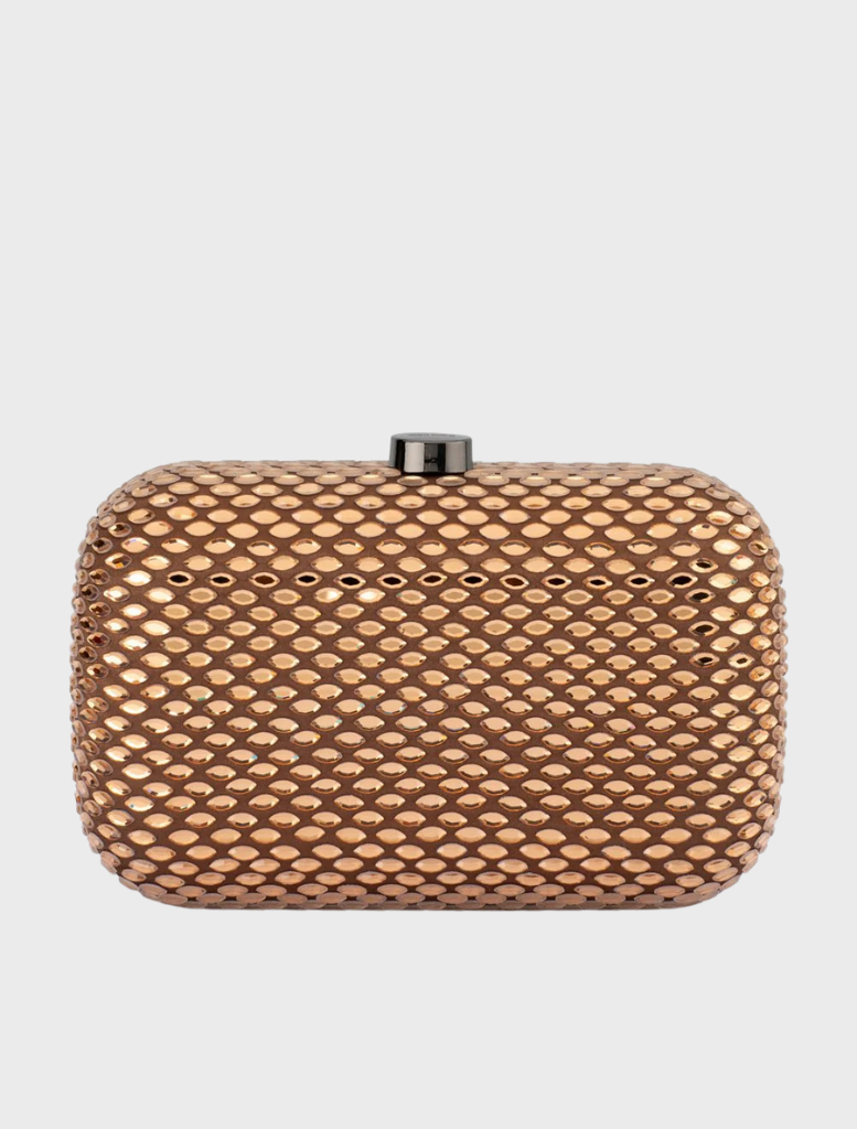 Metallic clutch bag featuring a stylish woven pattern, perfect for adding elegance to any outfit.