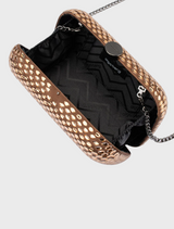 Contemporary metallic clutch bag with a distinctive woven pattern, perfect for enhancing your evening attire.