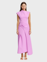 Burbank Maxi Dress in Zinnia Pink features a sculpted silhouette and clean lines, made from structured bonded scuba fabric.