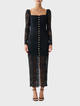 Elegant Taurus Rising dress featuring a corset waist, long sleeves, and intricate lace, inspired by traditional Spanish design.