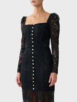 Taurus Rising dress with corset waist and lace, featuring long sleeves and an elegant design inspired by Spanish costumes.
