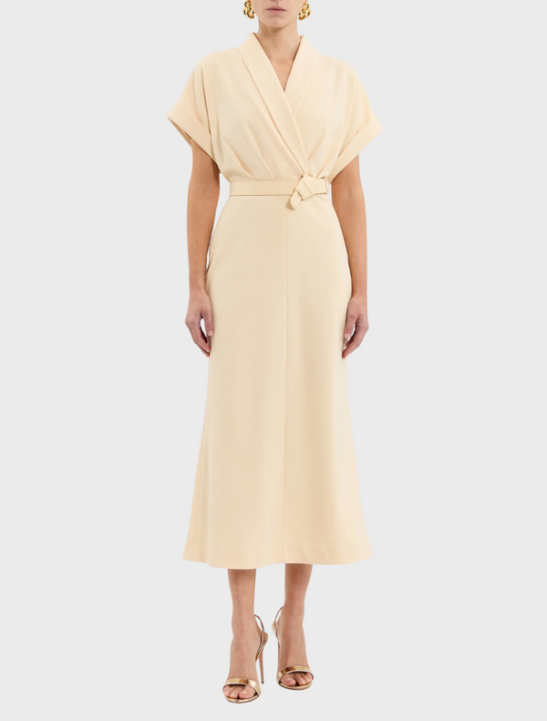 A vibrant yellow dress with a belt and collar, perfect for a chic and fashionable look.