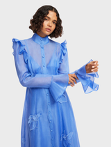 Azure midi dress showcasing butterfly sleeves and detailed appliqué, ideal for a fashionable ensemble.