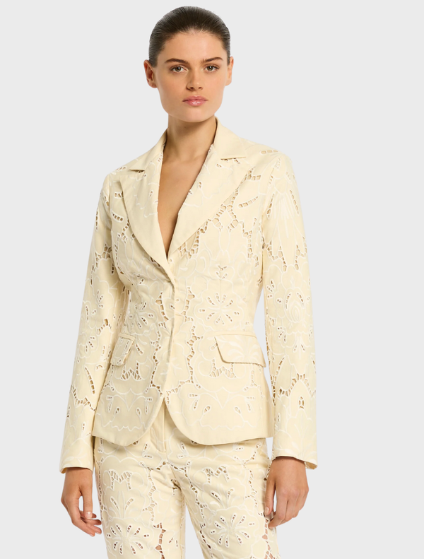 Buttermilk Colette Jacket, showcasing a chic and versatile style for both casual and formal wear.
