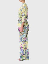 Button-through silk blouse with Chinoiserie motifs, relaxed fit, batwing sleeves, and a removable belt for adjustable styling.
