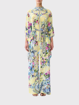 Chinoiserie Child Button Through Scarf Blouse in silk, featuring floral print, batwing sleeves, and a removable belt for a tailored fit.