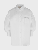  White shirt with 'C You Soon' print, drop shoulder design, blouson sleeves, and 'Cooper' embroidered pocket for casual or work wear.