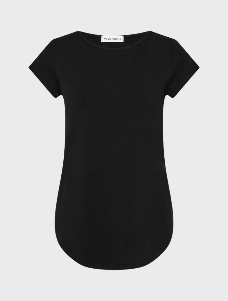 Contemporary black Cafe T with short sleeves and a round neckline, offering a versatile option for casual attire.