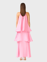 Sophisticated pink gown with halter neckline and cascading tiers, designed for memorable moments at special events.