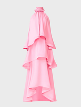 Elegant pink gown with ruffle collar, halter neck, and tiered design, perfect for formal events and special occasions.