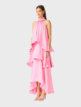 Romantic pink tiered gown with ruffle trim, sleeveless design, and keyhole back, ideal for special occasions.
