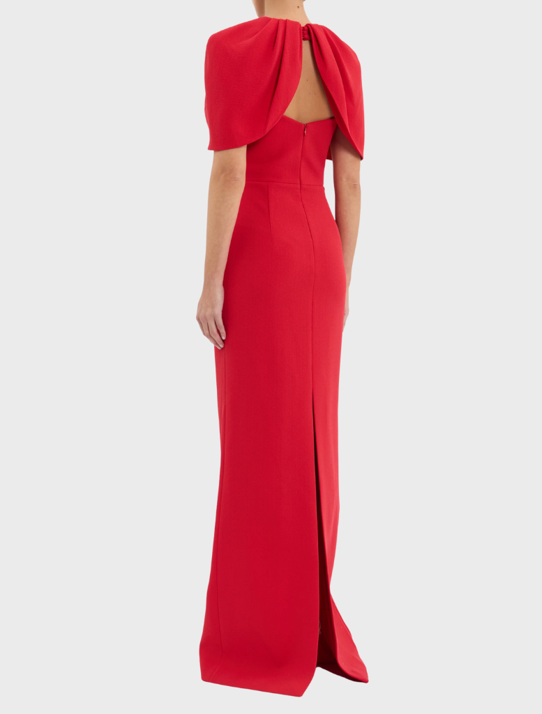 A red dress featuring a stretchy fabric, emphasizing a comfortable and flattering fit.