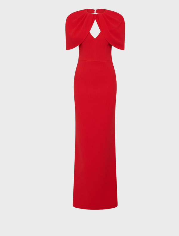 A red dress made from stretchy fabric, showcasing a form-fitting silhouette and vibrant color.