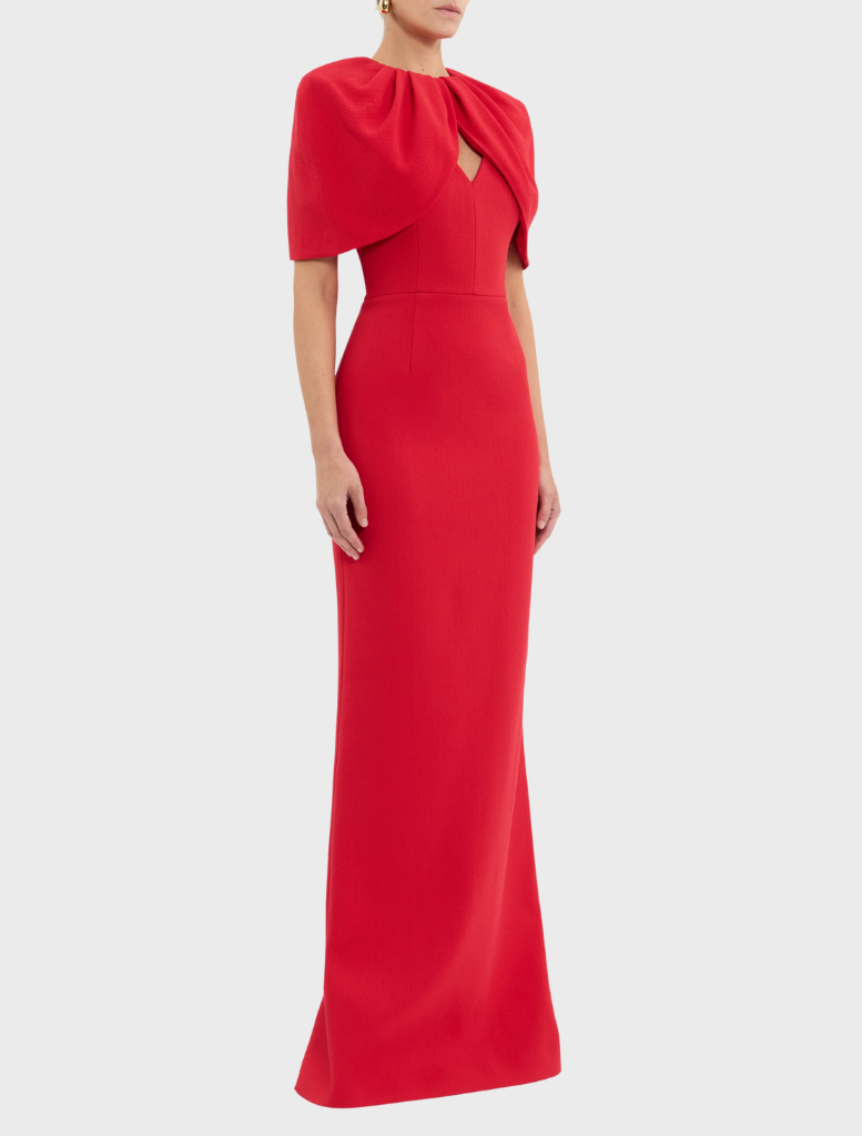 A form-fitting red dress made of stretchy fabric, highlighting its sleek design and bold color.
