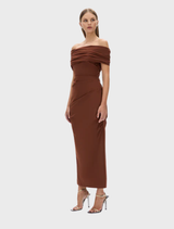 Stylish chocolate Camille dress showcasing a sleek design, ideal for evening wear or formal gatherings.