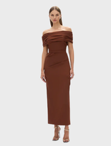 Chocolate-colored Camille dress with a fitted silhouette and elegant design, perfect for formal occasions.