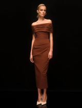 Camille dress in deep chocolate shade, showcasing a sleek design ideal for formal gatherings and stylish outings.