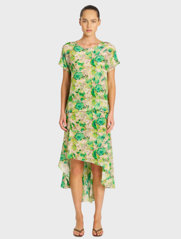 Short green floral print dress featuring a high-low hem design, perfect for a stylish summer look.