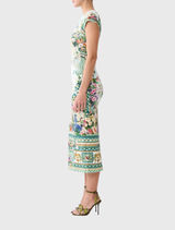 Floral print jersey tank dress with cap sleeves, fitted waist, and crystal embellishments, inspired by Schonbrunn Palace decor.