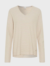 Long sleeve almond stripe cardigan made from soft, lightweight knit fabric.