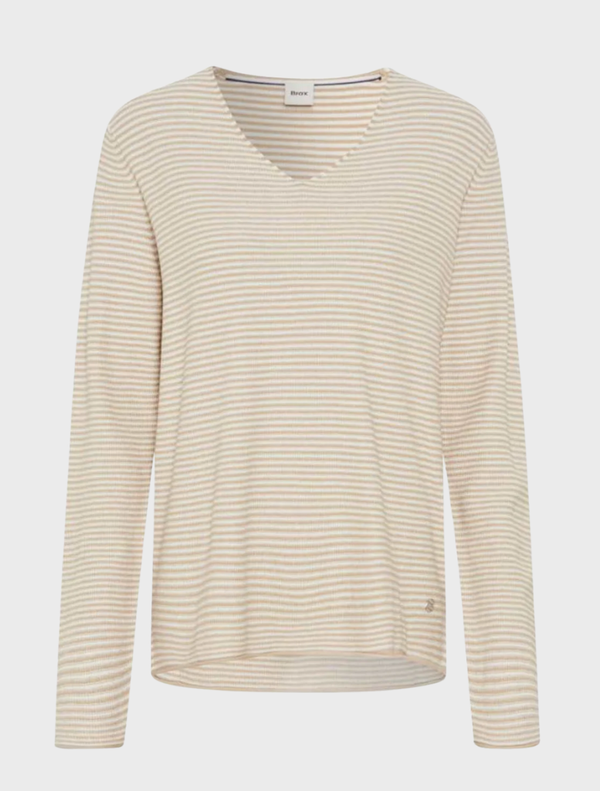 Long sleeve almond stripe cardigan made from soft, lightweight knit fabric.