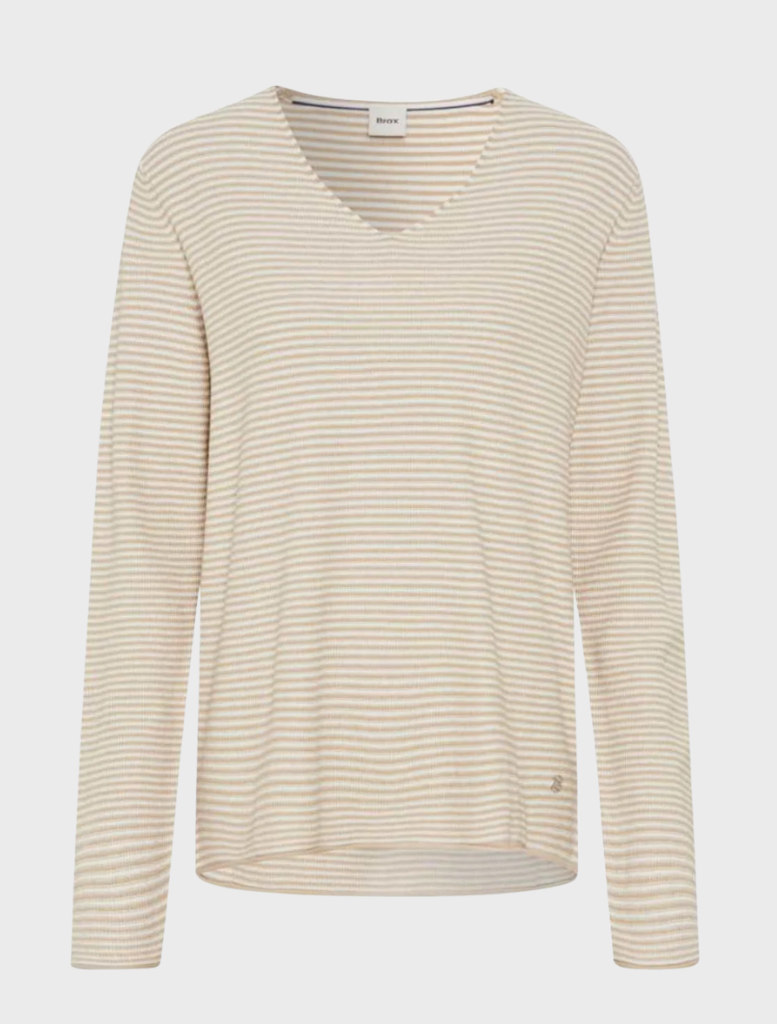 Long sleeve almond stripe cardigan made from soft, lightweight knit fabric.