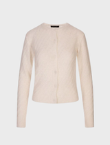 A white cardigan displayed on a hanger, showcasing its soft fabric and open front design.