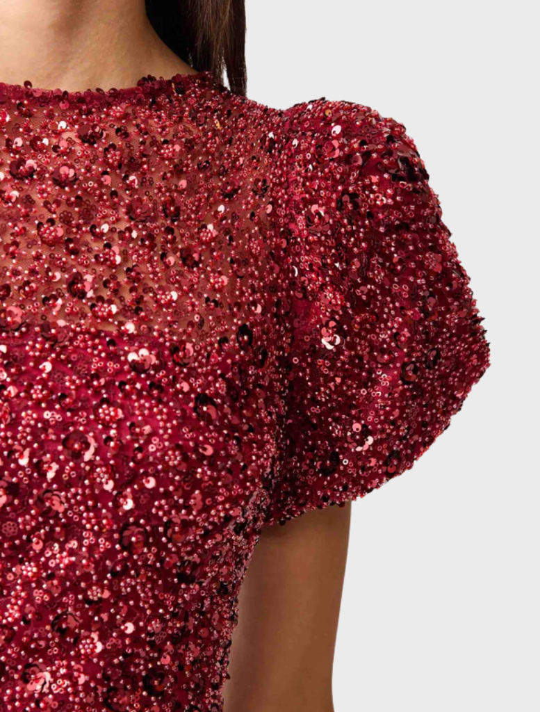 Burgundy sequin dress with short sleeves, designed to add sparkle and sophistication to your wardrobe for special occasions.