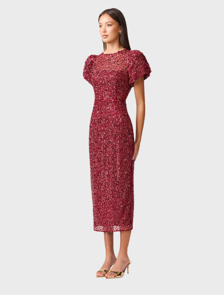 Burgundy sequin dress with short sleeves, showcasing a shimmering and elegant design suitable for formal occasions.