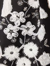 Black and white dress with floral patterns, ingeniously designed to resemble the shape and beauty of a flower.