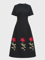 Caroline embellished rose midi dress in ebony, featuring intricate floral details and a flattering silhouette.