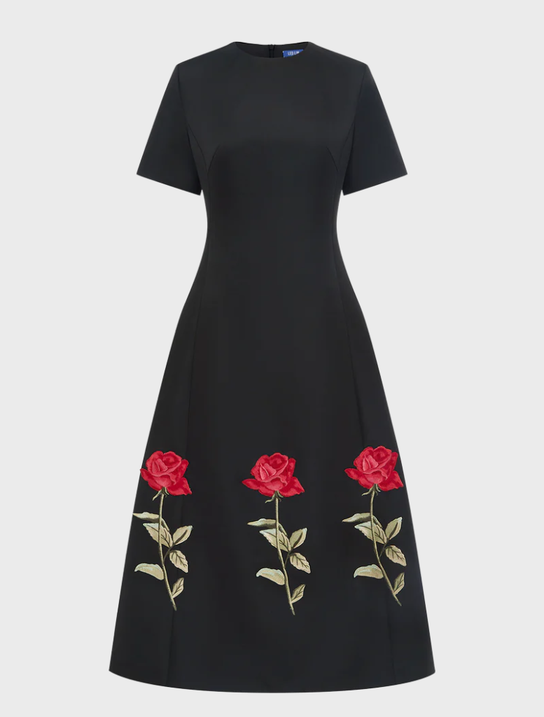 Caroline embellished rose midi dress in ebony, featuring intricate floral details and a flattering silhouette.